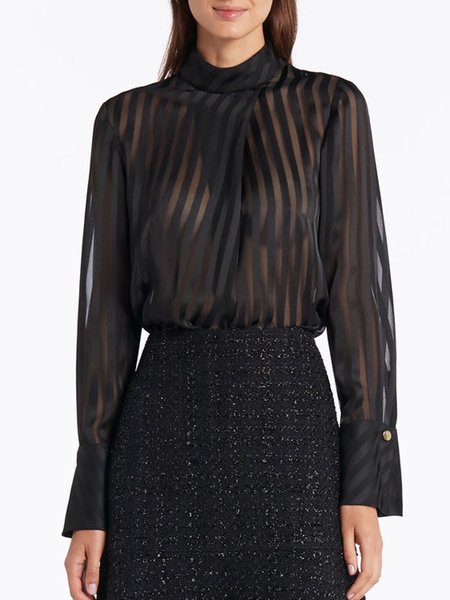 

Stand Collar Striped Long Sleeve Top, Black, Tops