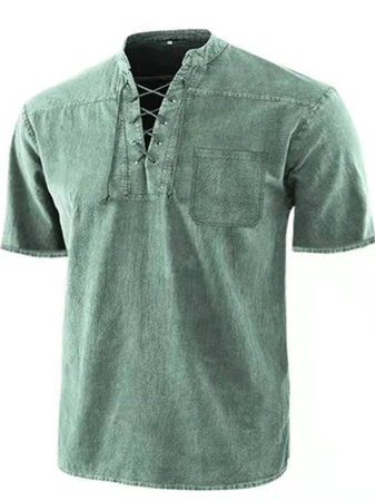 Solid Color Casual Mid-Century Eye Tie Stand Collar Men's Pullover Shirt, Green, Shirt