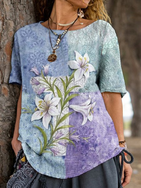 

Floral Color Block Tribal Boho Loosen Short Sleeve Tunic Tops, Flower, Tops