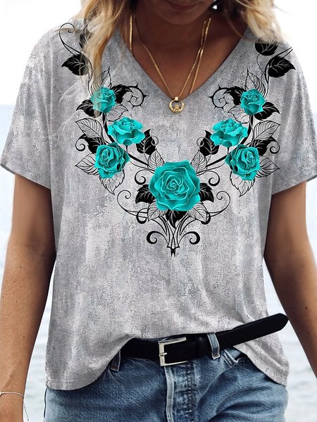 

Cotton Blends V Neck Floral Vacation Short Sleeve T-Shirt, Gray, T-Shirts