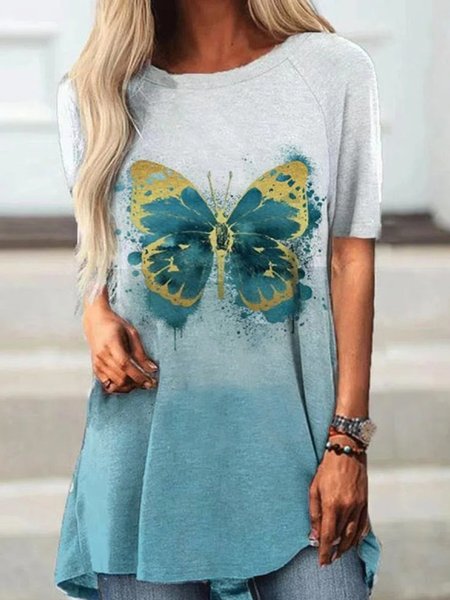 

Butterfly Ombre Casual Loosen Raglan Sleeve Short Sleeve Tunic T-Shirt, Flower, T-Shirts