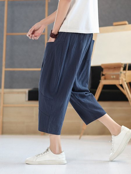 

Cotton Linen Harem Wide Leg 7 Points Pants Men, Navyblue, Pants