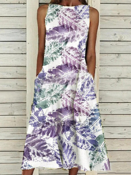 

Leaves Crew Neck Sleeveless Casual Dress, White, Maxi Dresses
