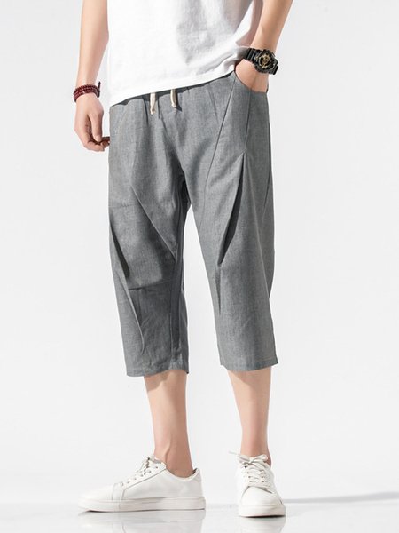 

Cotton And Linen Wide Leg 7 Points Pants Men, Deep gray, Pants