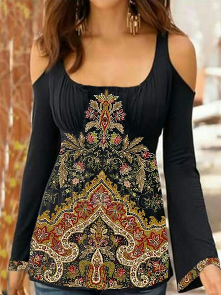 

Casual U-Neck Regular Fit Long Sleeve Tops, Black, Tops