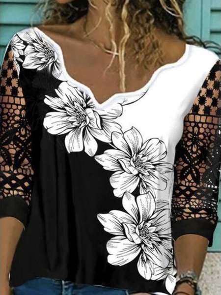 

Romantic Floral Color Block Loosen V Neck Short Sleeve T-Shirt, Black, T-Shirts