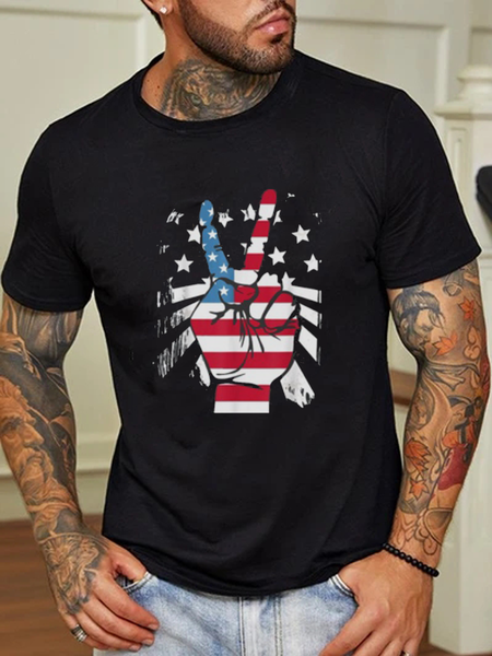 

American Flag Peace Gesture Print Short Sleeve T-Shirt, Black, T-Shirts