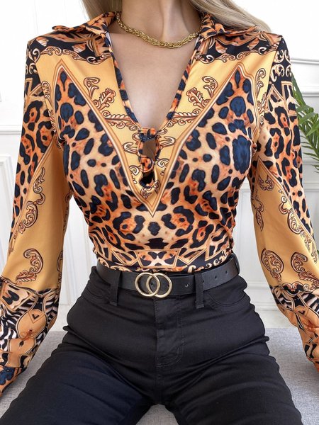 

Spring V neck Leopard Regular Fit High Stretch Daily Tops, Light orange, Tops