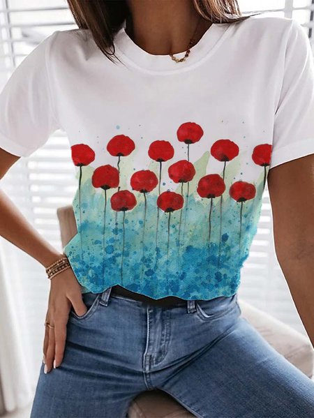

Crew Neck Loosen Floral Short Sleeve T-Shirt, Blue, T-Shirts