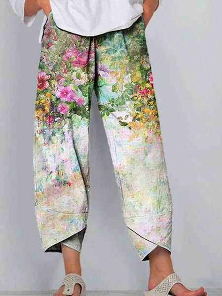 

Romantic Floral Pockets Loosen Cropped Pants, Flower, Pants