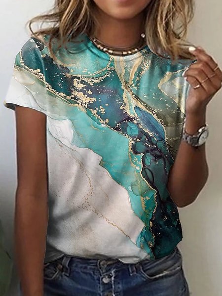 

JFN Round Neck Marbling Casual T-Shirt/Tee, Green, T-Shirts