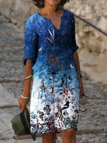 

V Neck Loosen Boho Short Sleeve Woven Dress, As picture, Mini Dresses