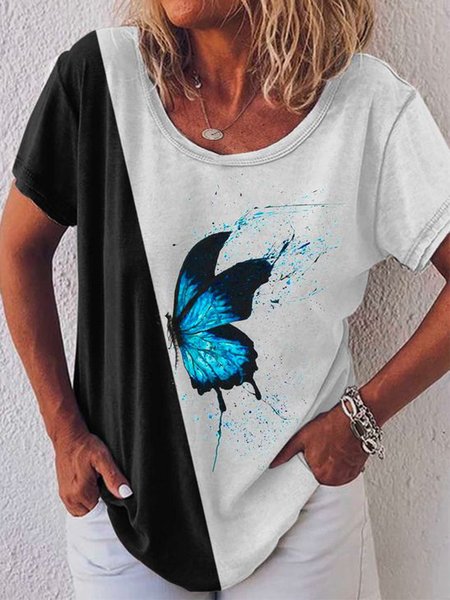 

Casual Butterfly Printed Color Block Crew Neck LoosenShort Sleeve T-Shirt, Flower, T-Shirts