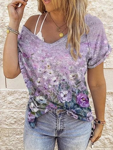 

Floral Cotton Blends V Neck Short Sleeve T-Shirt, Purple, T-Shirts