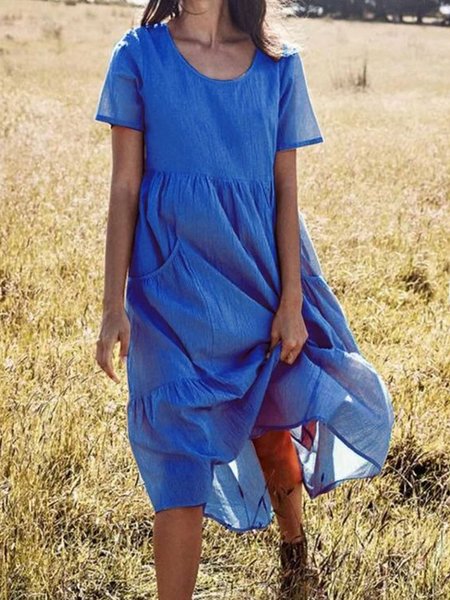 

Casual Solid Crew Neck Short Sleeve Loosen Dress, As picture, Midi Dresses