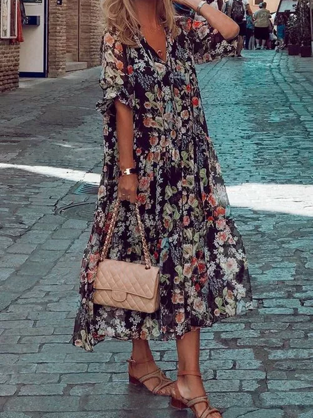 

Loosen Long Sleeve Woven Dress, Black, Maxi Dresses