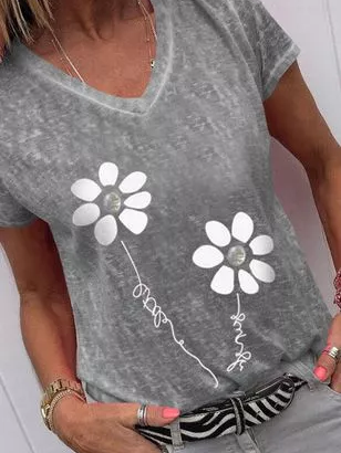 

V Neck Cotton Blends Casual Short Sleeve T-Shirt, Gray, T-Shirts