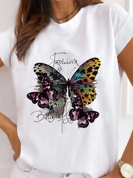 

Loosen Butterfly Casual Cotton Blends Short sleeve tops, White, T-Shirts