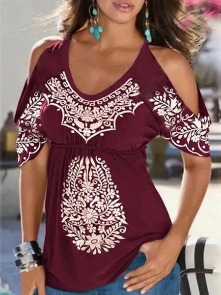 

Casual Boho Tribal Printed Off The Shoulder Short Sleeve Short Sleeve T-shirt, Wine red, T-Shirts