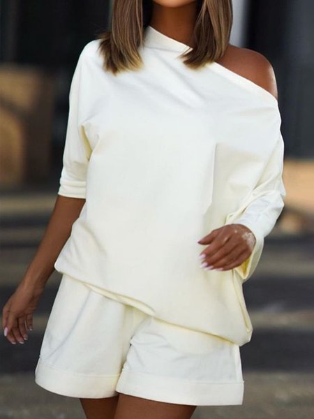 

Daily Simple Loosen Boat Neck White Two Piece Sets, Pants Set