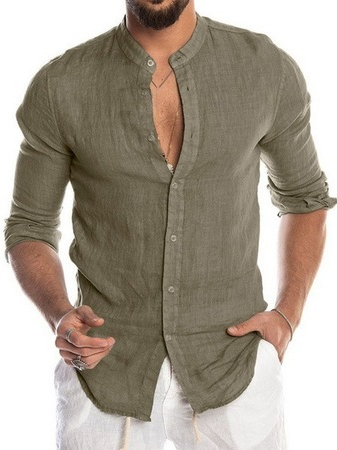

Solid Color Casual Cotton Linen Stand Collar Long Sleeve Shirt, Army green, Shirt