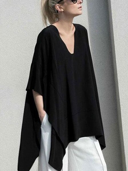 

Casual Oversize V Neck Plain Daily Top, Black, Tees