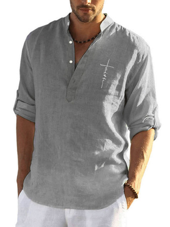 

Solid Color Casual Cotton Linen Print Long Sleeve Shirt, Gray, Shirt