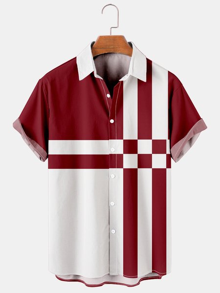 

Mens Color-block Striped Casual Breathable Short Sleeve Hawaiian Shirts, Red, Men's Floral shirt
