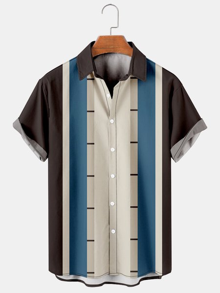 

Mens Color-block Striped Casual Breathable Short Sleeve Bowling Shirts, Black, Shirts ＆ Blouse