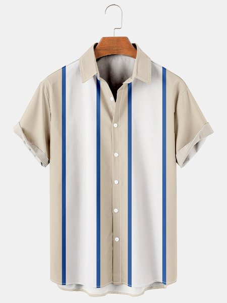 

Mens Color-block Striped Casual Breathable Short Sleeve Bowling Shirts, Khaki, Shirts ＆ Blouse