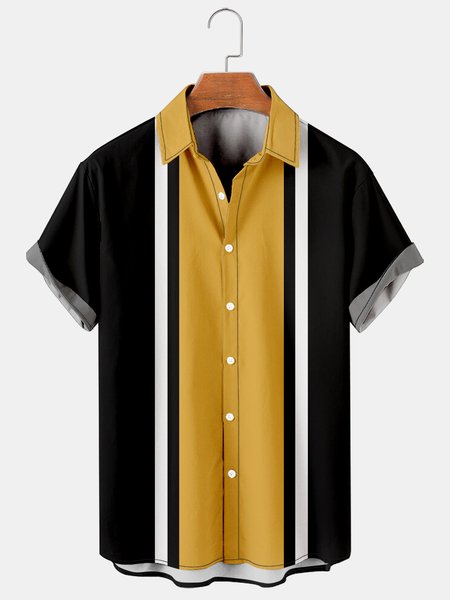 

Mens Color-block Striped Casual Breathable Short Sleeve Bowling Shirts, Yellow, Men's Floral shirt