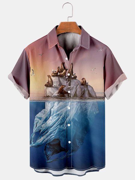 Men's Printed Casual Breathable Short Sleeve Hawaiian Shirt, Blue, Men's Floral shirt