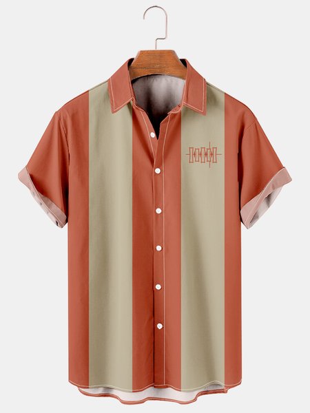 

Mens Color-block Striped Casual Breathable Short Sleeve Bowling Shirts, Orange, Men's Floral shirt