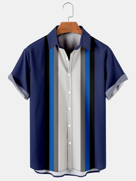 

Mens Color-block Striped Casual Breathable Short Sleeve Hawaiian Shirts, Blue, Men's Floral shirt