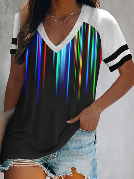 

Geometric stripe gradient Aurora color loose top T-shirt Plus Size, Black, T-Shirts