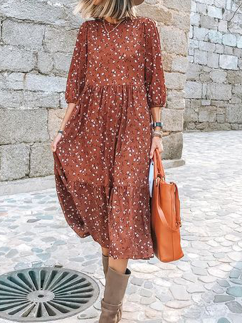 

Crew Neck Casual Long sleeve Woven Dress, Coffee, Midi Dresses