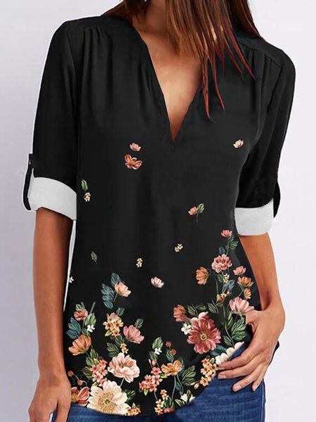 

Romantic Floral Printed Casual Loosen V Neck Long Sleeve Tunic Tops, Black, Tops