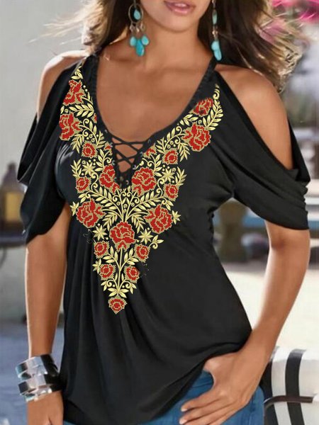 

U-Neck Short Sleeve Tops, Black, T-Shirts