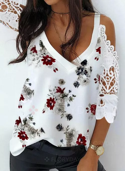 

V Neck Floral Long sleeve tops, White, Tops