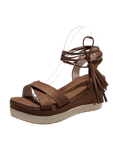 

Boho Fringe Ankle Strap Wedge Sandals, Brown, Sandals