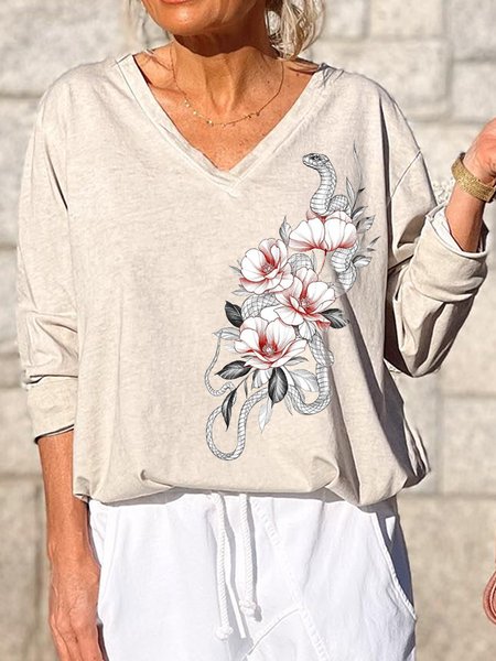 

Casual Loosen V Neck Long Sleeve T-Shirt, Apricot, T-Shirts