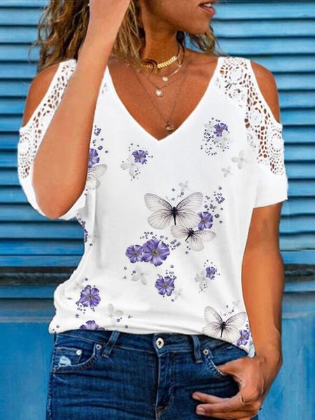 

Butterfly Printed Lace Off The Shoulder V Neck Loosen Short Sleeve T-shirt, White, T-Shirts