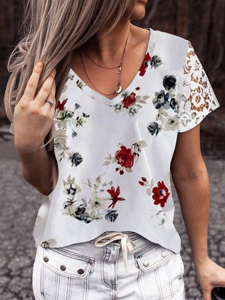 

Geometric floral print lace top T-shirt Plus Size, White, Tees & T-shirts