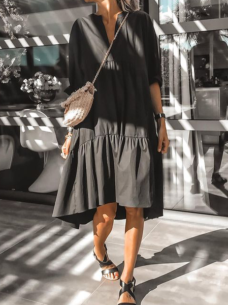 

V Neck Long sleeve Woven Dress, Black, Midi Dresses