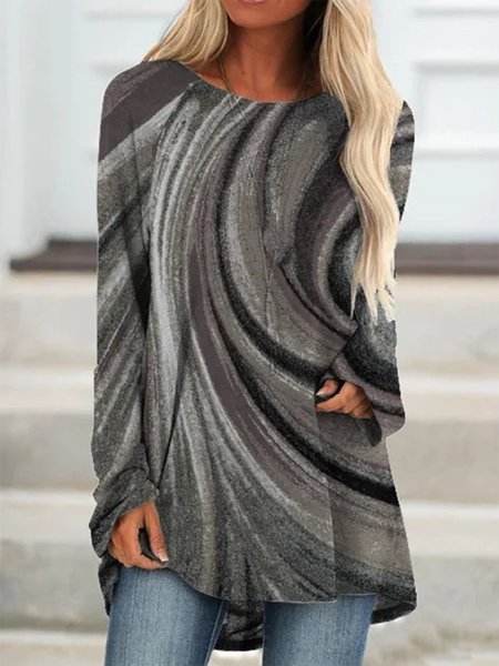 

Crew Neck Loosen Casual Long Sleeve T-shirt, Black-grey, Tops