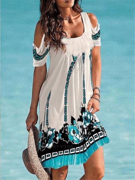 

Loosen Casual Tribal Short Sleeve Knit Dress, Blue, Mini Dresses