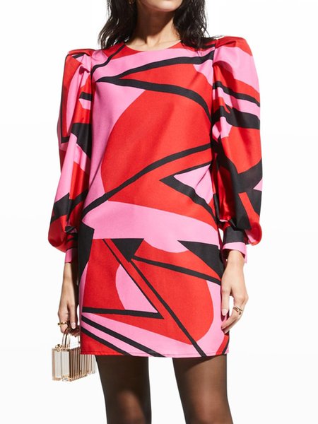 

Crew Neck Regular Fit Long Sleeve Woven Dress, Red, Mini Dresses