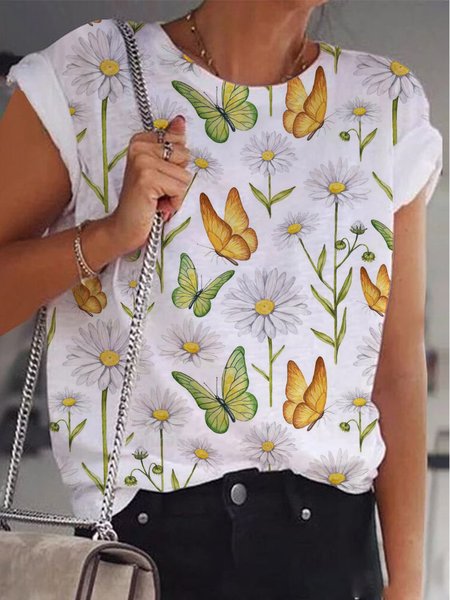 

Crew Neck Loosen Floral Butterfly Short Sleeve T-Shirt, White, Tees & T-shirts