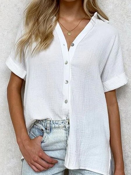 

Loosen Solid Casual Short Sleeve Blouse, White, Shirts & Blouses
