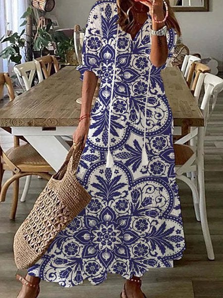 

Tribal Geometric Floral Vacation Loosen V Neck Maxi Short Sleeve Woven Dress, Flower, Maxi Dresses